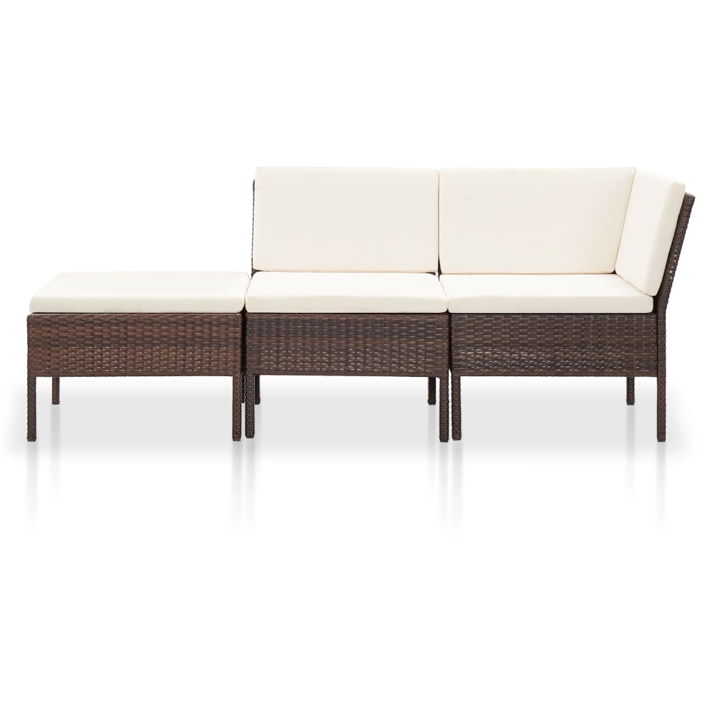3 Pcs conjunto lounge jardim c/ almofadões vime PE castanho