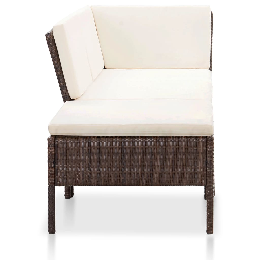 3 Pcs conjunto lounge jardim c/ almofadões vime PE castanho
