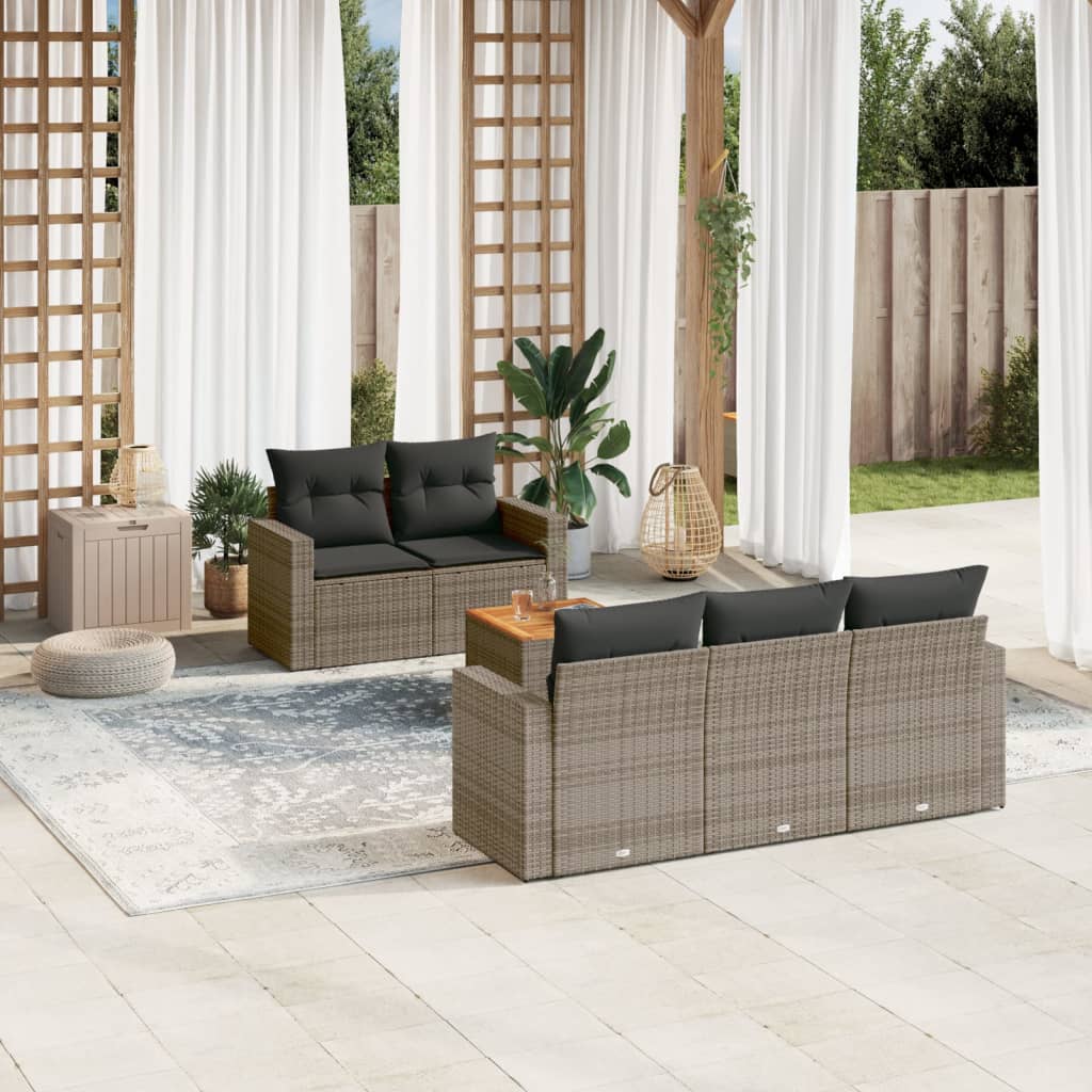 6 Pcs conjunto sofás de jardim com almofadões vime cinzento