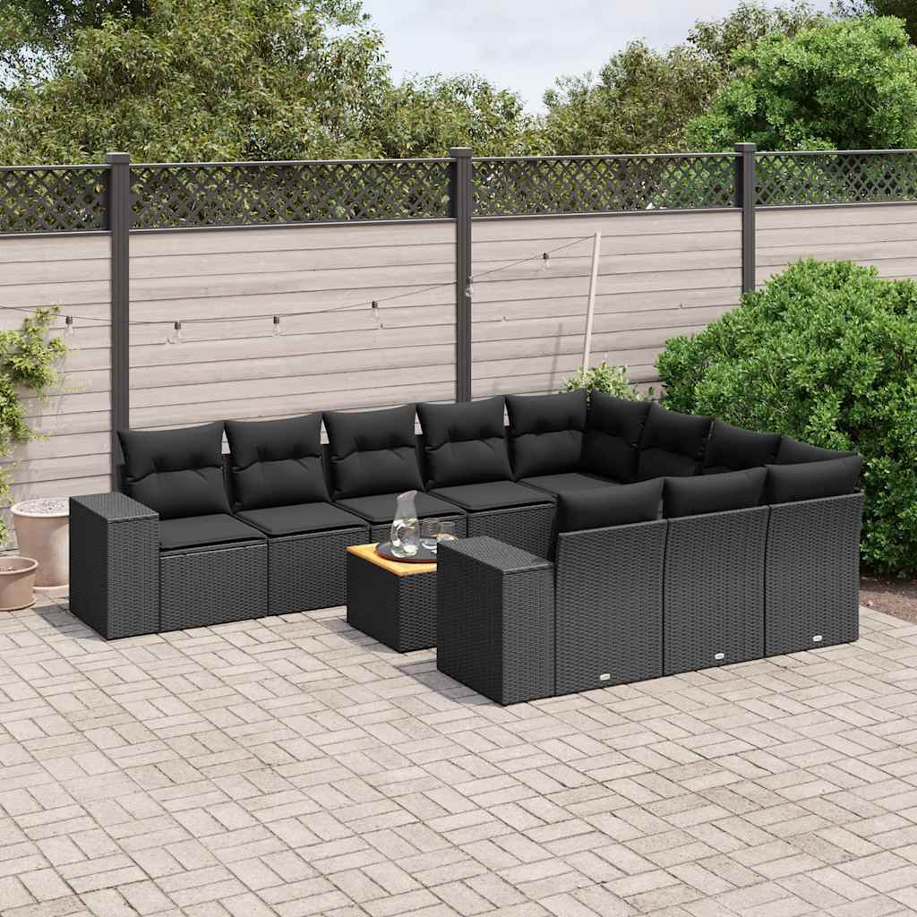 11 Pcs conjunto sofás de jardim c/ almofadões vime PE preto