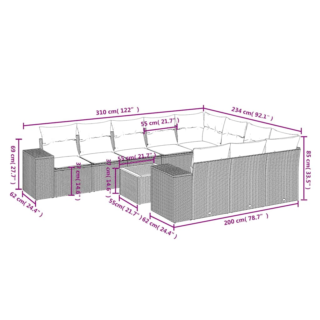 11 Pcs conjunto sofás de jardim c/ almofadões vime PE preto