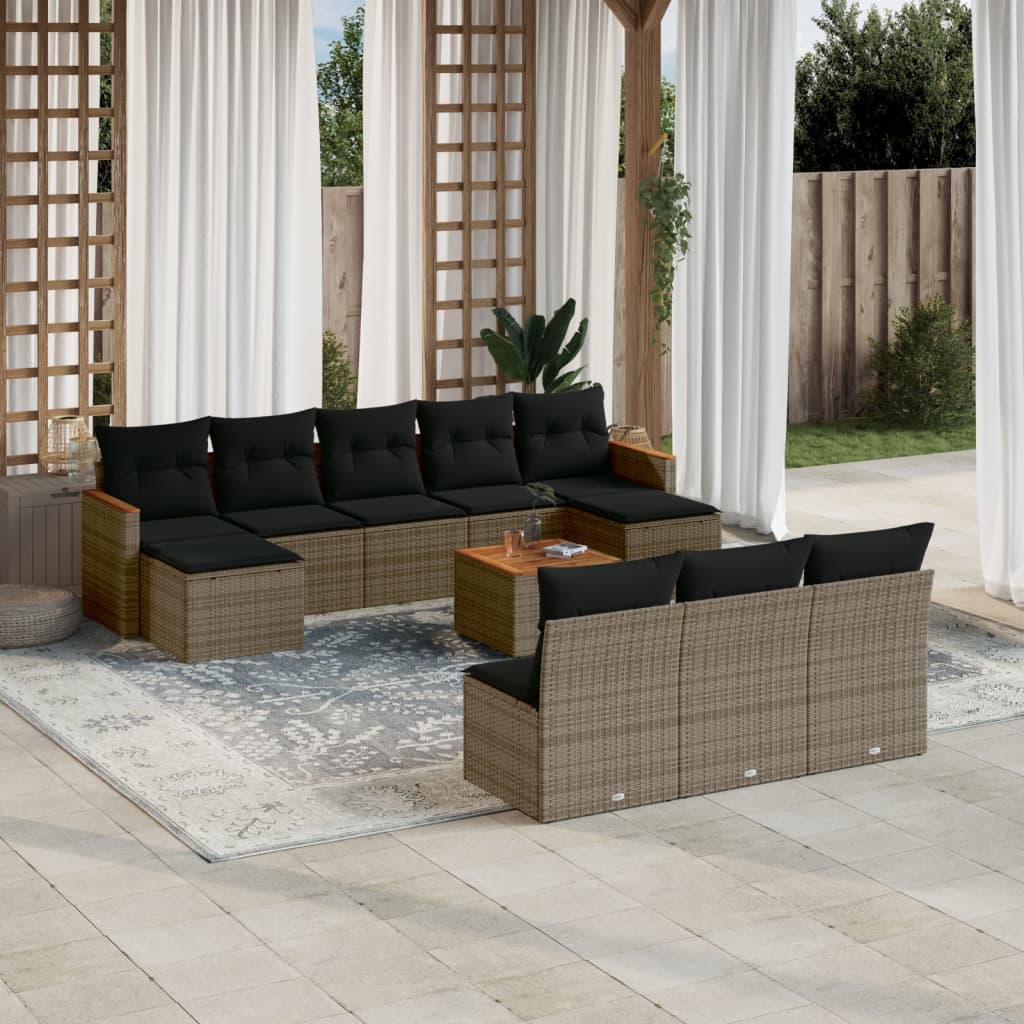 11 Pcs conjunto sofás de jardim c/ almofadões vime PE cinzento