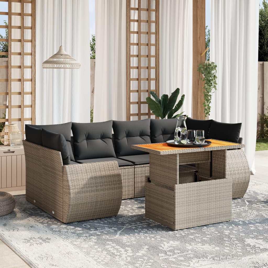 7 Pcs conjunto sofás p/ jardim c/ almofadões vime PE cinzento