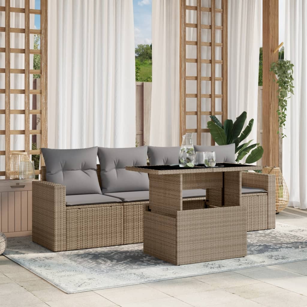5 Pcs conjunto de sofás p/ jardim com almofadões vime PE bege
