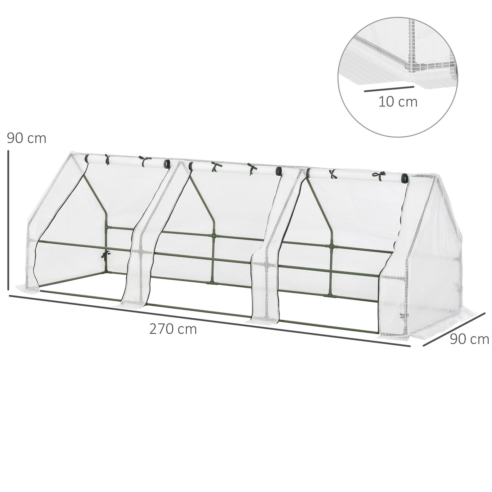 Estufa de jardim terraço 270x90x90 cm tipo casa tubo de aço com 3 janelas estufa pequena para cultivo de plantas branco translúcido
