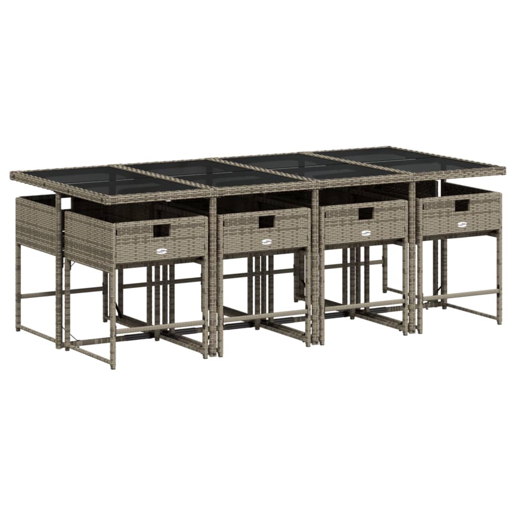 9 Pcs conjunto de jantar p/ jardim c/ almofadões vime PE cinza