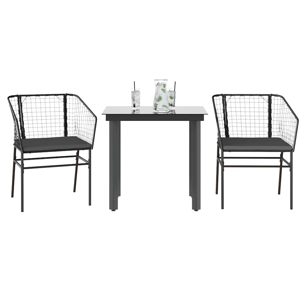 3 Pcs conjunto jantar jardim almofadões vime PE vidro preto