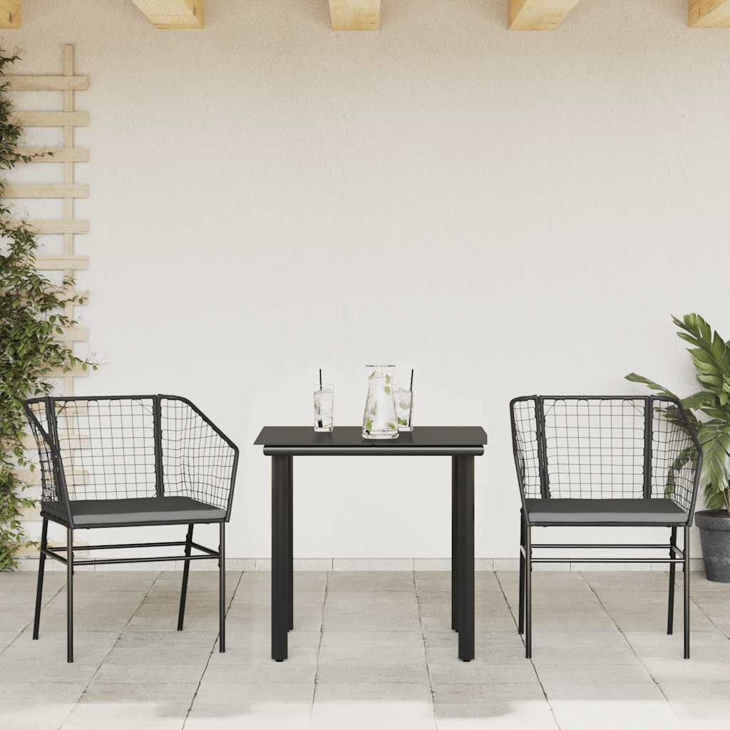 3 Pcs conjunto jantar jardim almofadões vime PE vidro preto