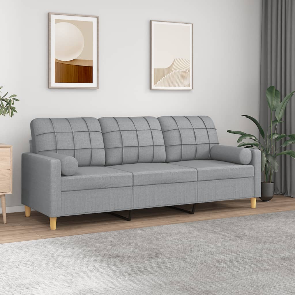 Sofá 3 lugares + almofadas decorativas 180cm tecido cinza-claro