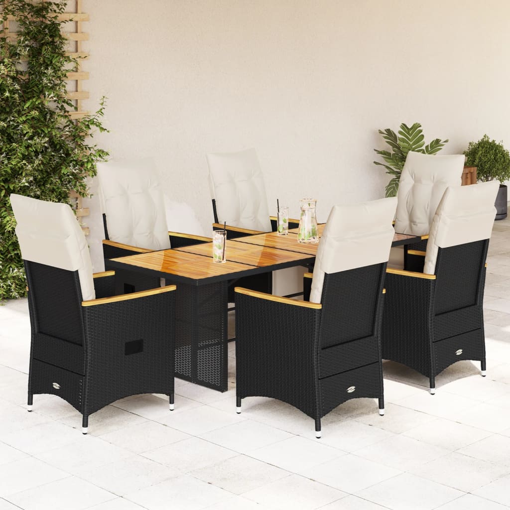 7 Pcs conjunto de bistrô p/ jardim c/ almofadões vime PE preto
