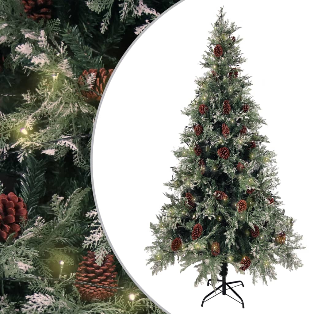 Árvore natal pré-iluminada c/ pinhas 225 cm PVC/PE verde/branco
