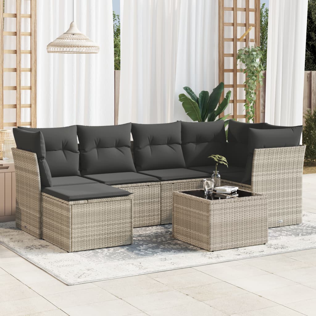 7 Pcs conj. sofás jardim com almofadões vime PE cinzento-claro
