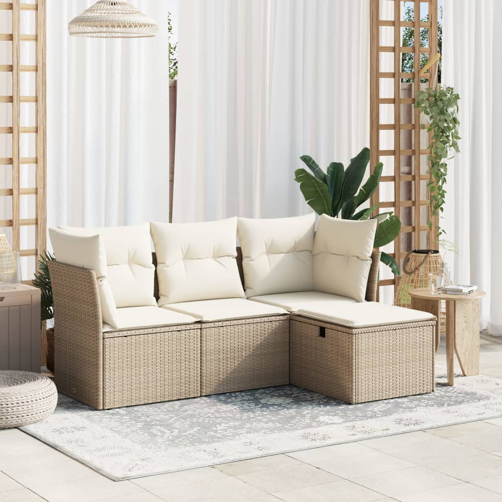 4 Pcs conjunto de sofás para jardim c/ almofadões vime PE bege