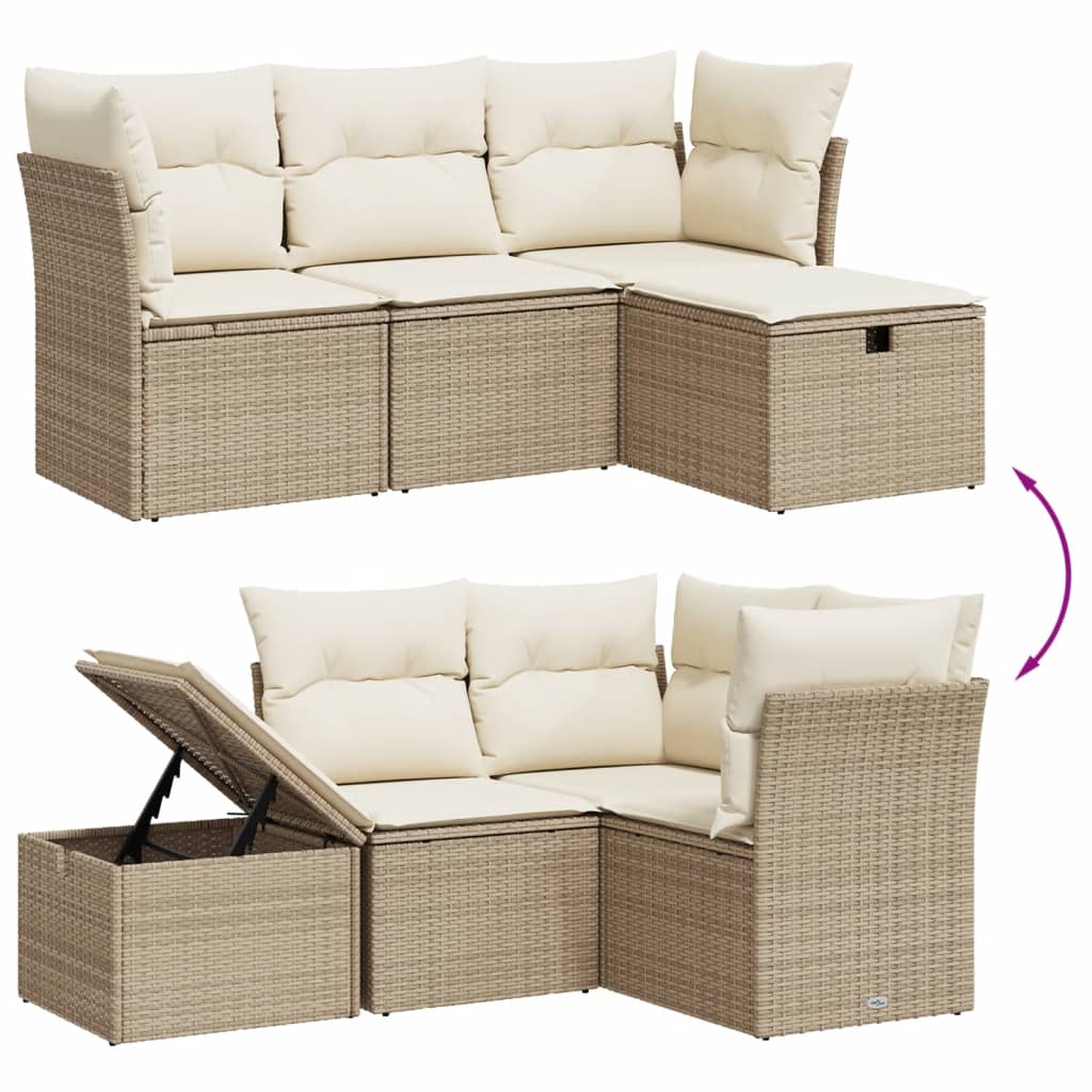 4 Pcs conjunto de sofás para jardim c/ almofadões vime PE bege
