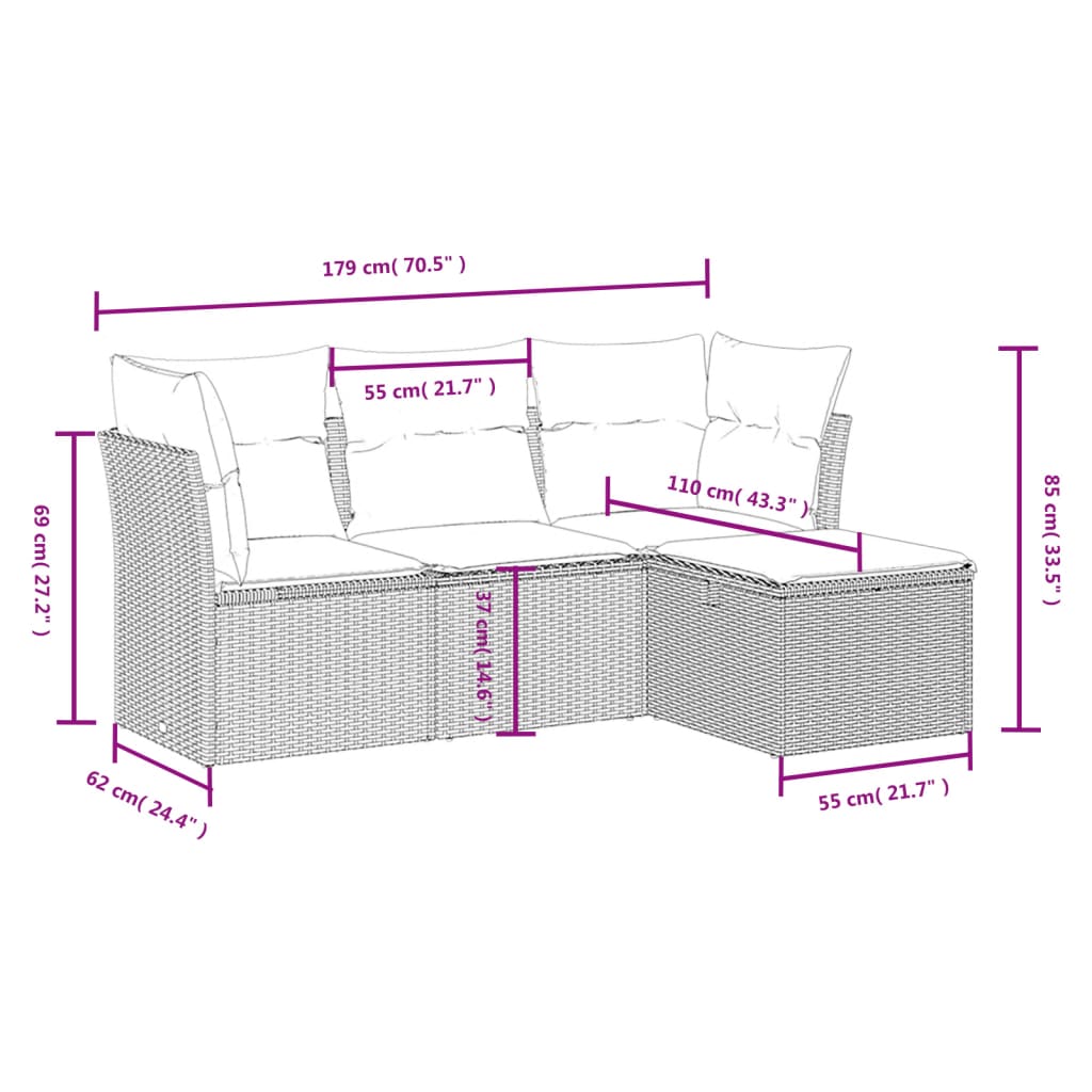 4 Pcs conjunto de sofás para jardim c/ almofadões vime PE bege