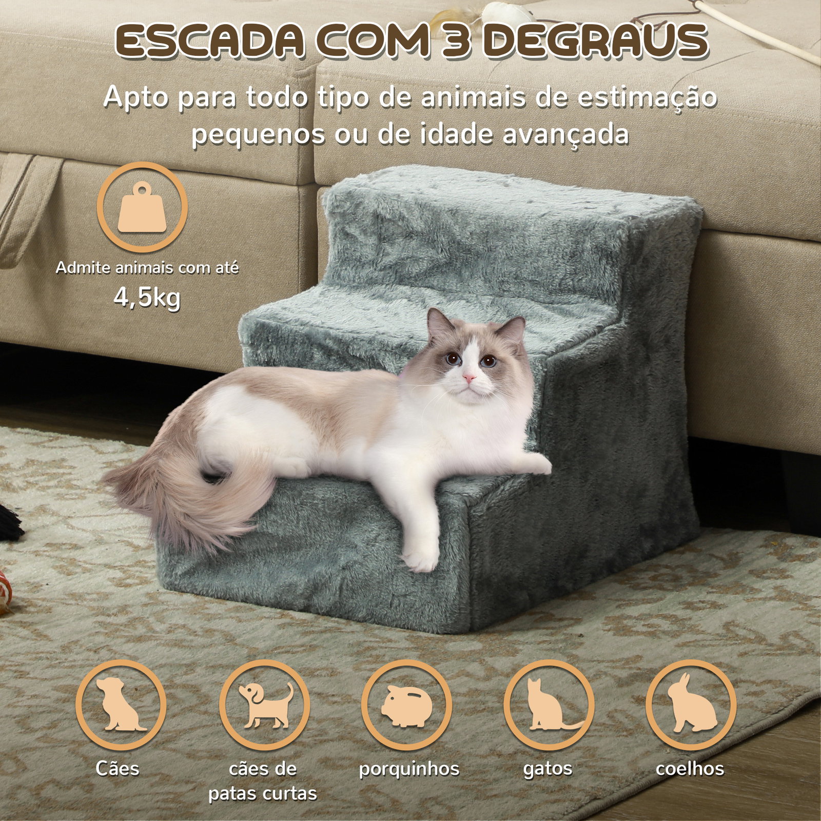 Escada para animais de estimação com 3 degraus 2 em 1 com capa removível e lavável escada para cães gatos 35x46x35 cm cinza