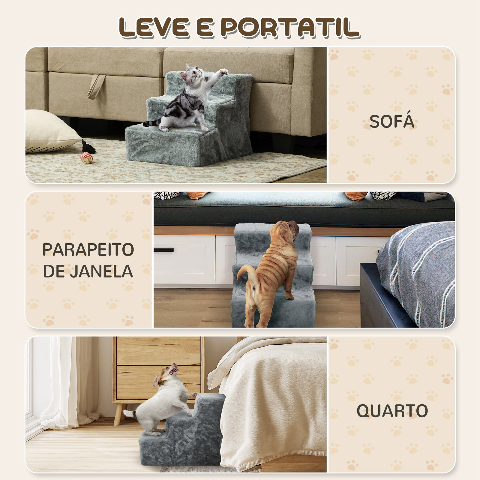 Escada para animais de estimação com 3 degraus 2 em 1 com capa removível e lavável escada para cães gatos 35x46x35 cm cinza