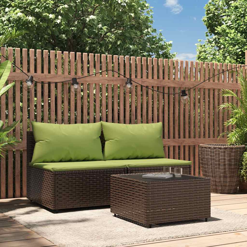 3 Pcs conjunto lounge jardim c/ almofadões vime PE castanho