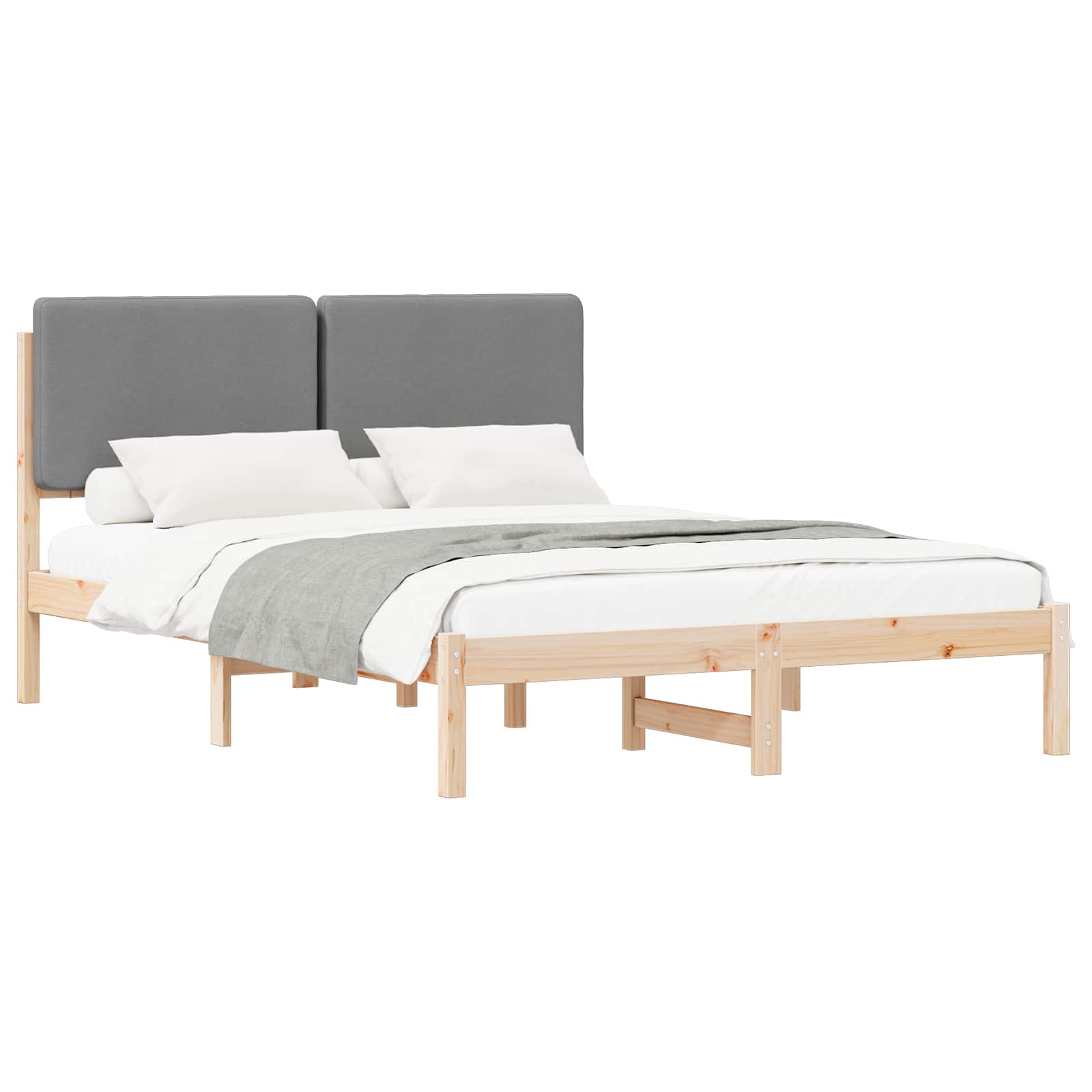 Estrutura de cama com cabeceira estofada cinzento-claro