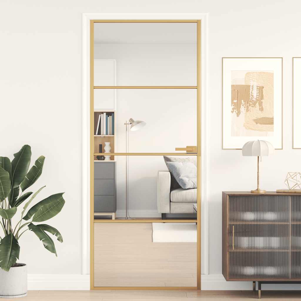 Porta interior 83x201,5 cm vidro temperado e alumínio dourado