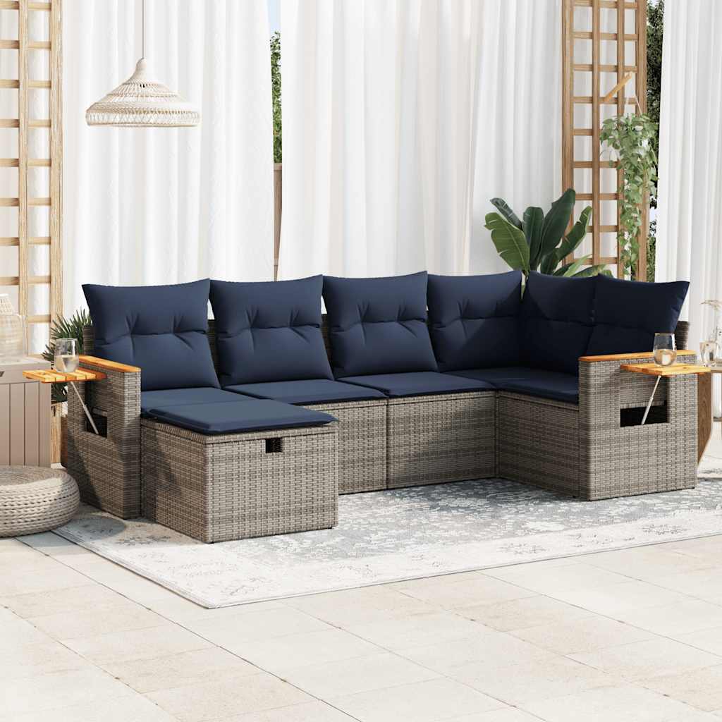 6 Pcs conjunto sofás de jardim com almofadões vime cinzento