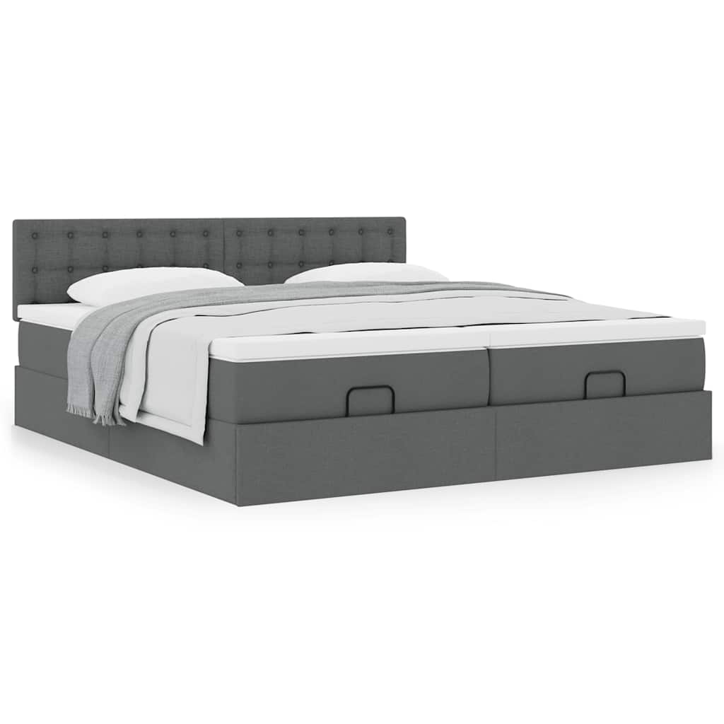Estrutura de cama otomana com colchões tecido cinzento escuro