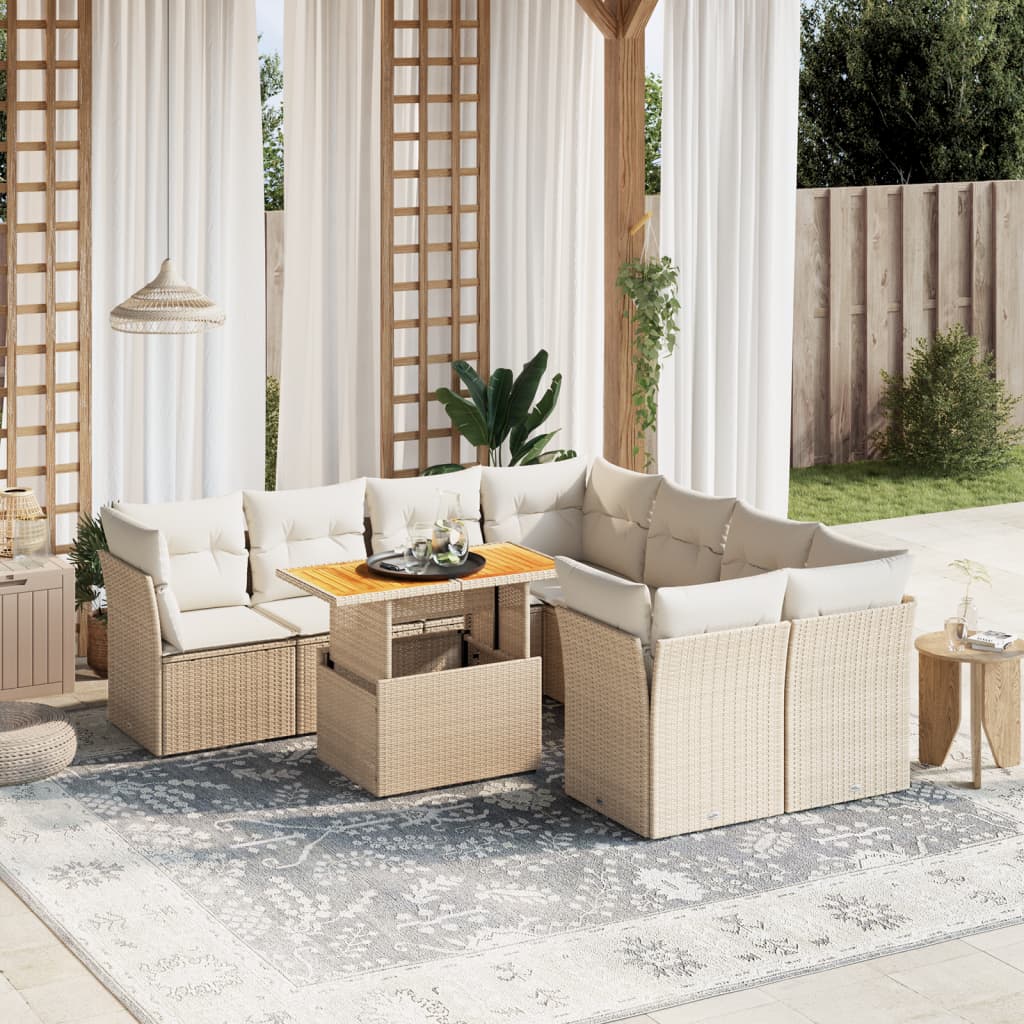 9 Pcs conjunto de sofás p/ jardim com almofadões vime PE bege