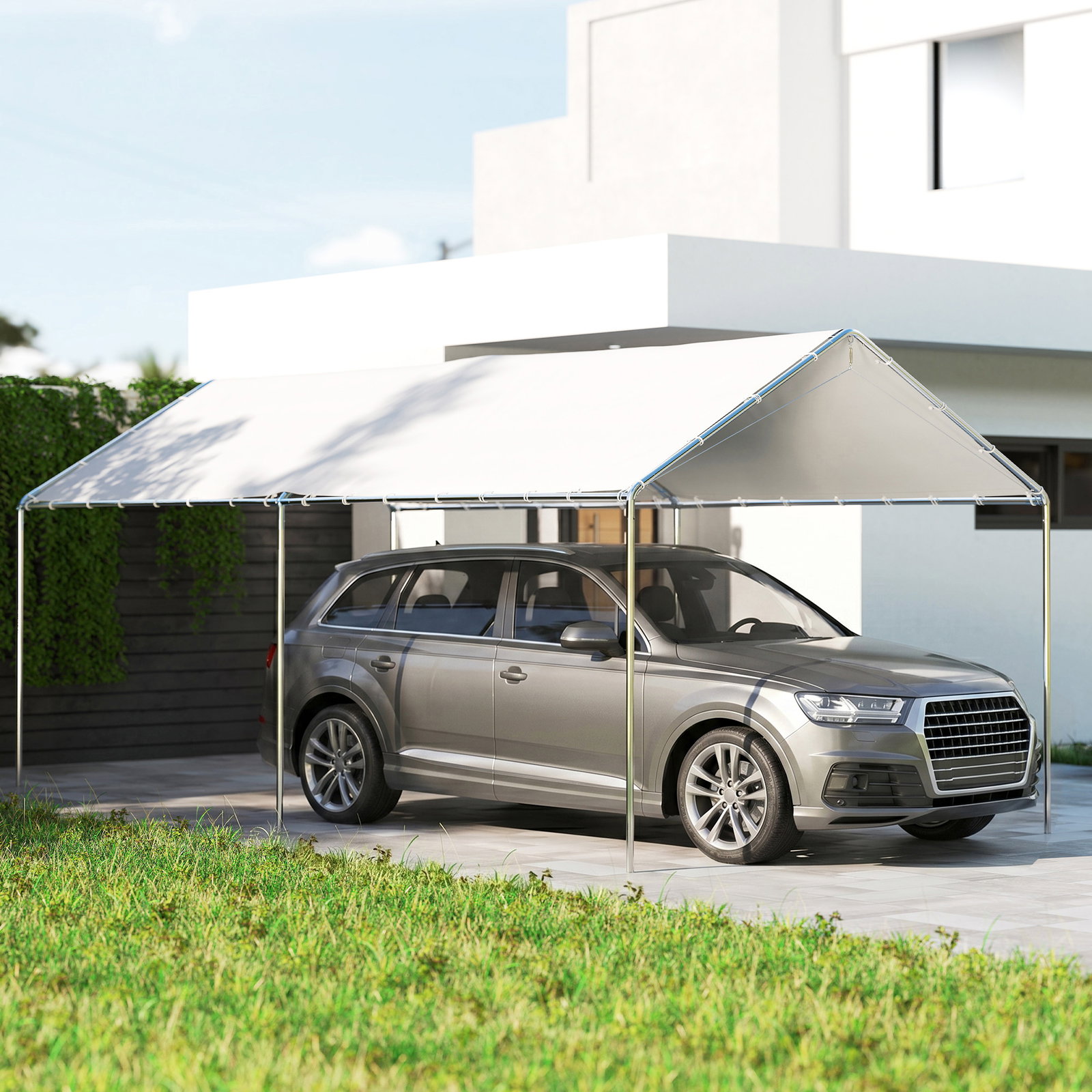 Tenda garagem para carro 3x6 m abrigo portátil impermeável com cobertura de tecido PE e estrutura de aço galvanizado branco