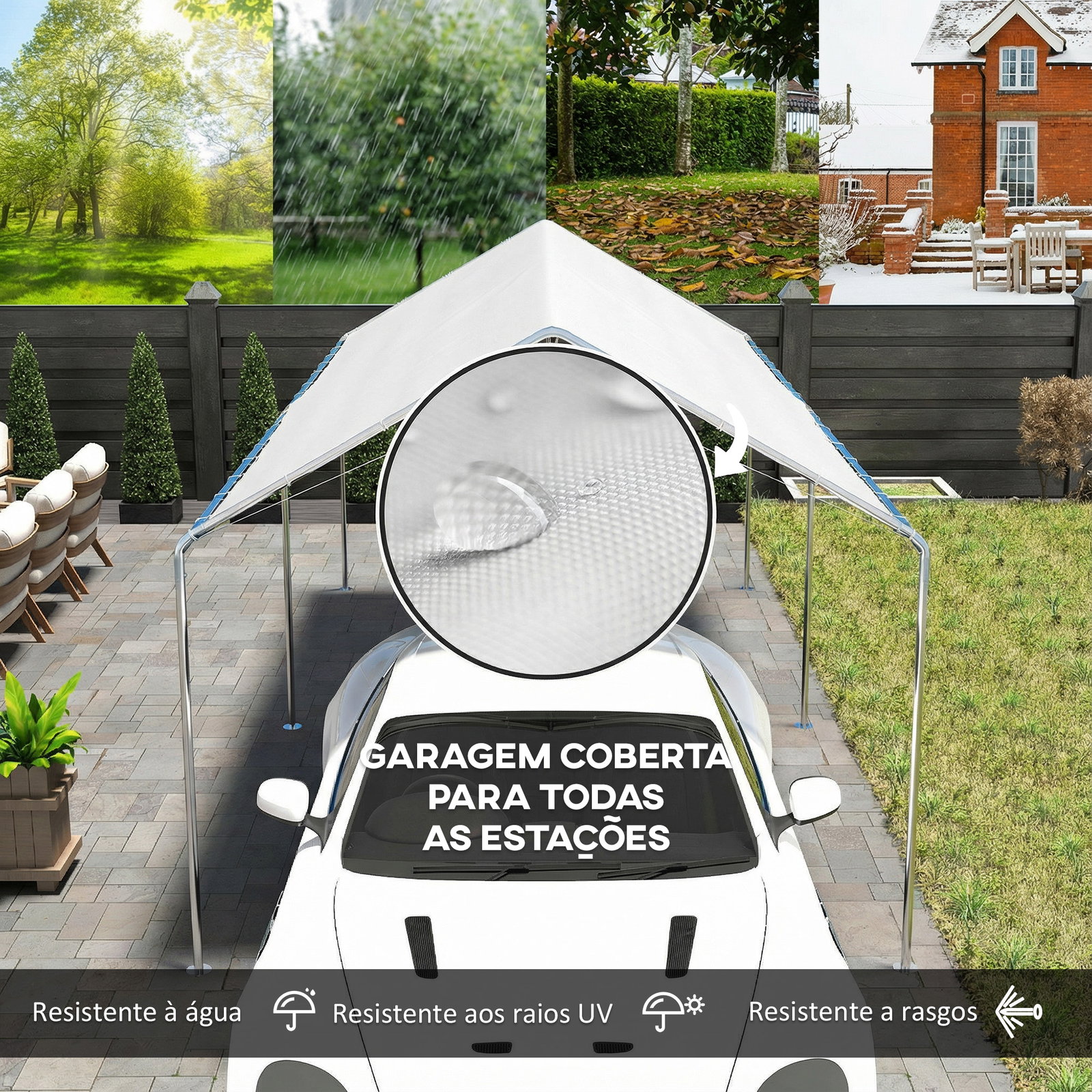 Tenda garagem para carro 3x6 m abrigo portátil impermeável com cobertura de tecido PE e estrutura de aço galvanizado branco