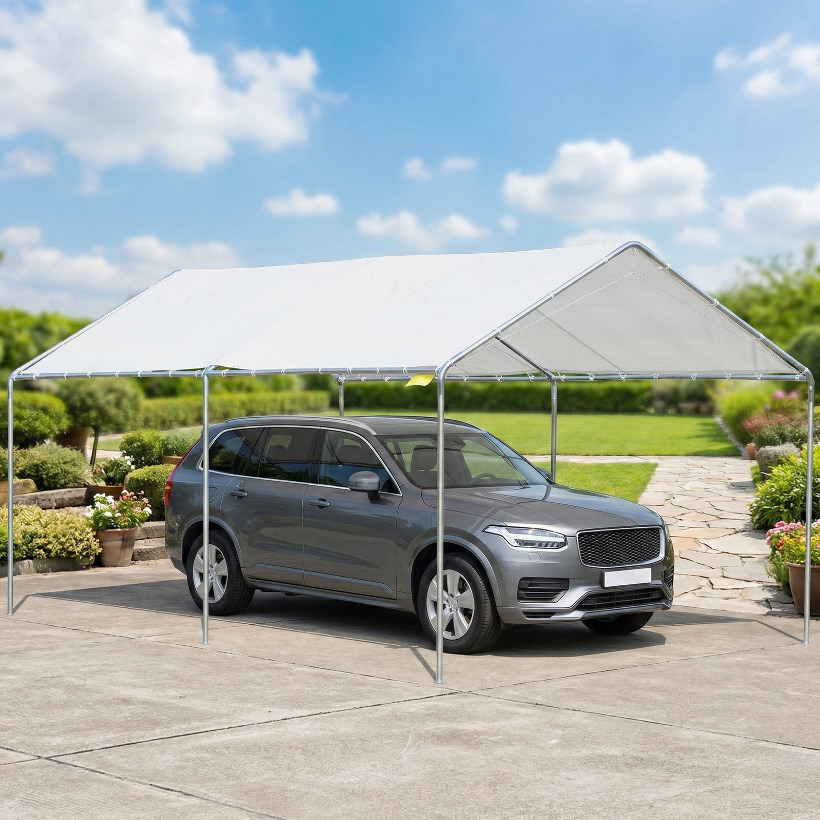 Tenda garagem para carro 3x6 m abrigo portátil impermeável com cobertura de tecido PE e estrutura de aço galvanizado branco