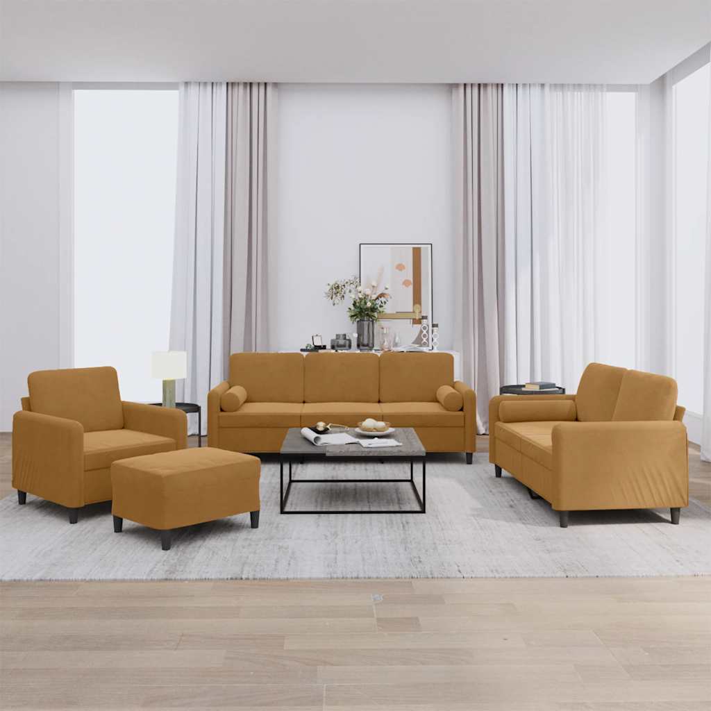 4 Pcs conjunto de sofás com almofadas veludo castanho