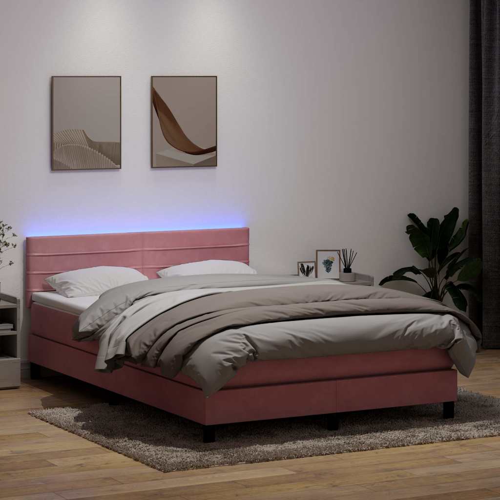 Cama box spring c/ colchão e LED 140x220 cm veludo rosa