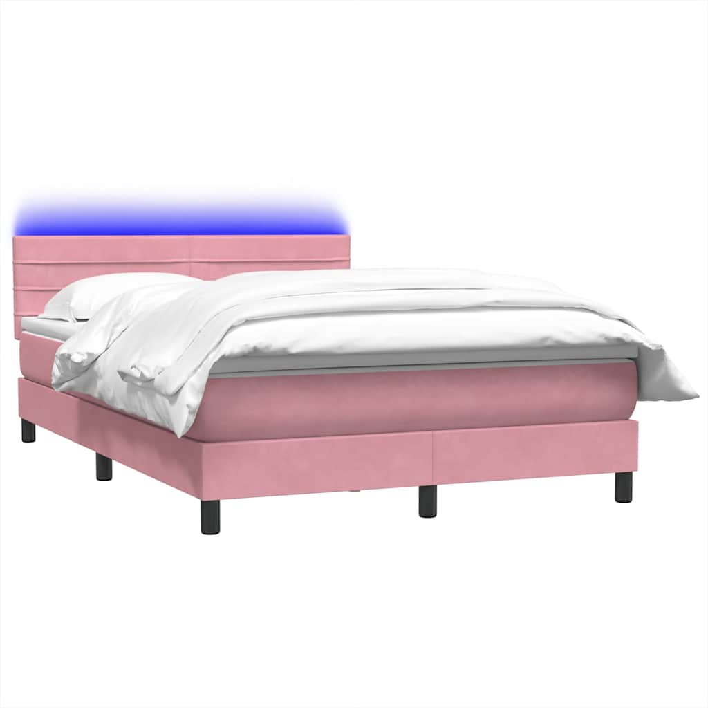 Cama box spring c/ colchão e LED 140x220 cm veludo rosa