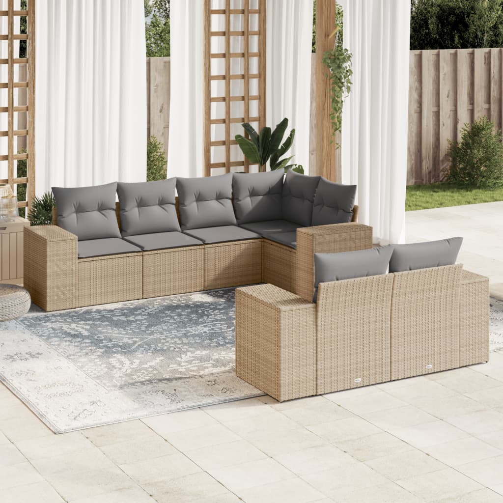 7 Pcs conjunto de sofás p/ jardim com almofadões vime PE bege