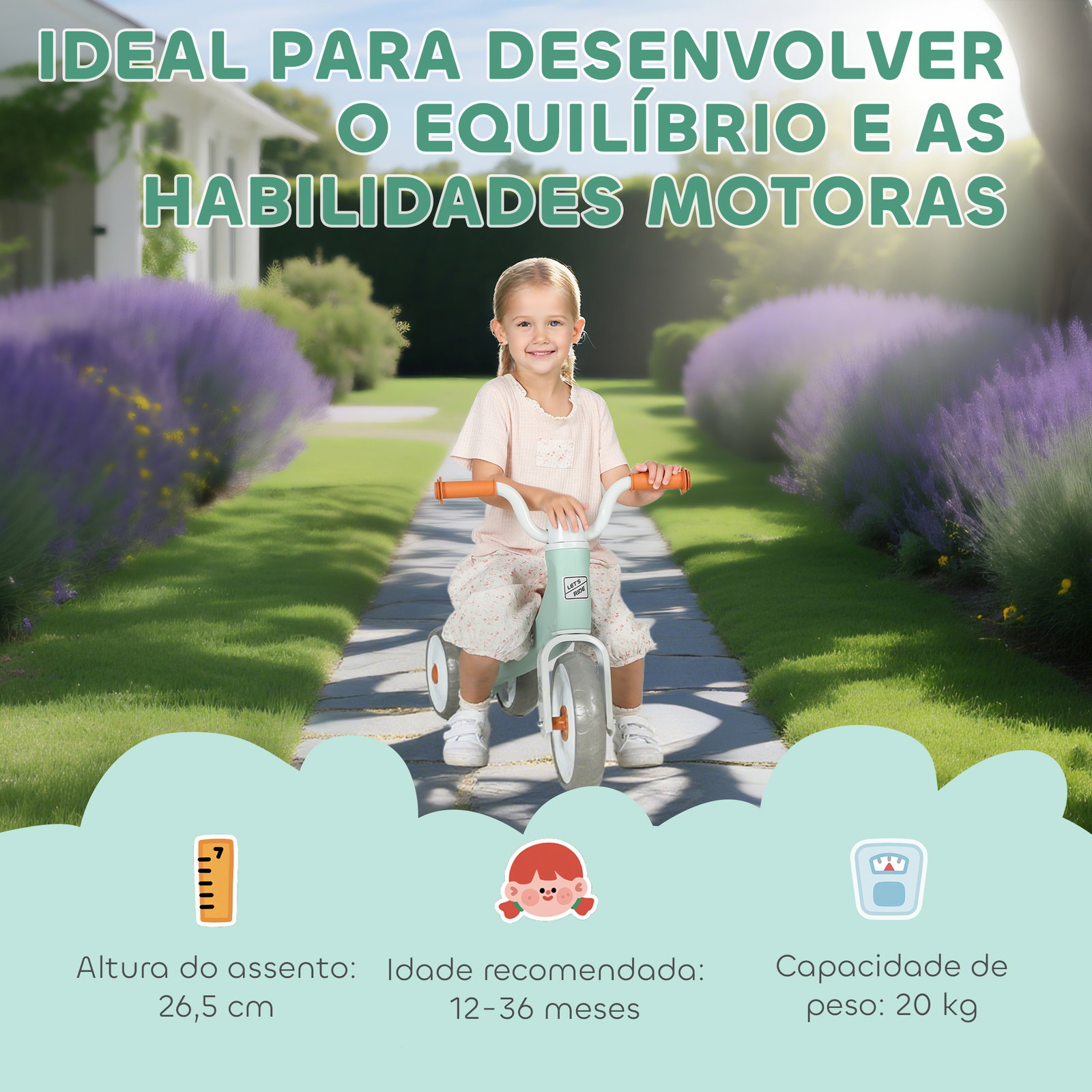 Bicicleta sem pedais para crianças dos 12 aos 36 meses bicicleta de equilíbrio com guiadores com rotação limitada a 60° 69x40x49 cm verde