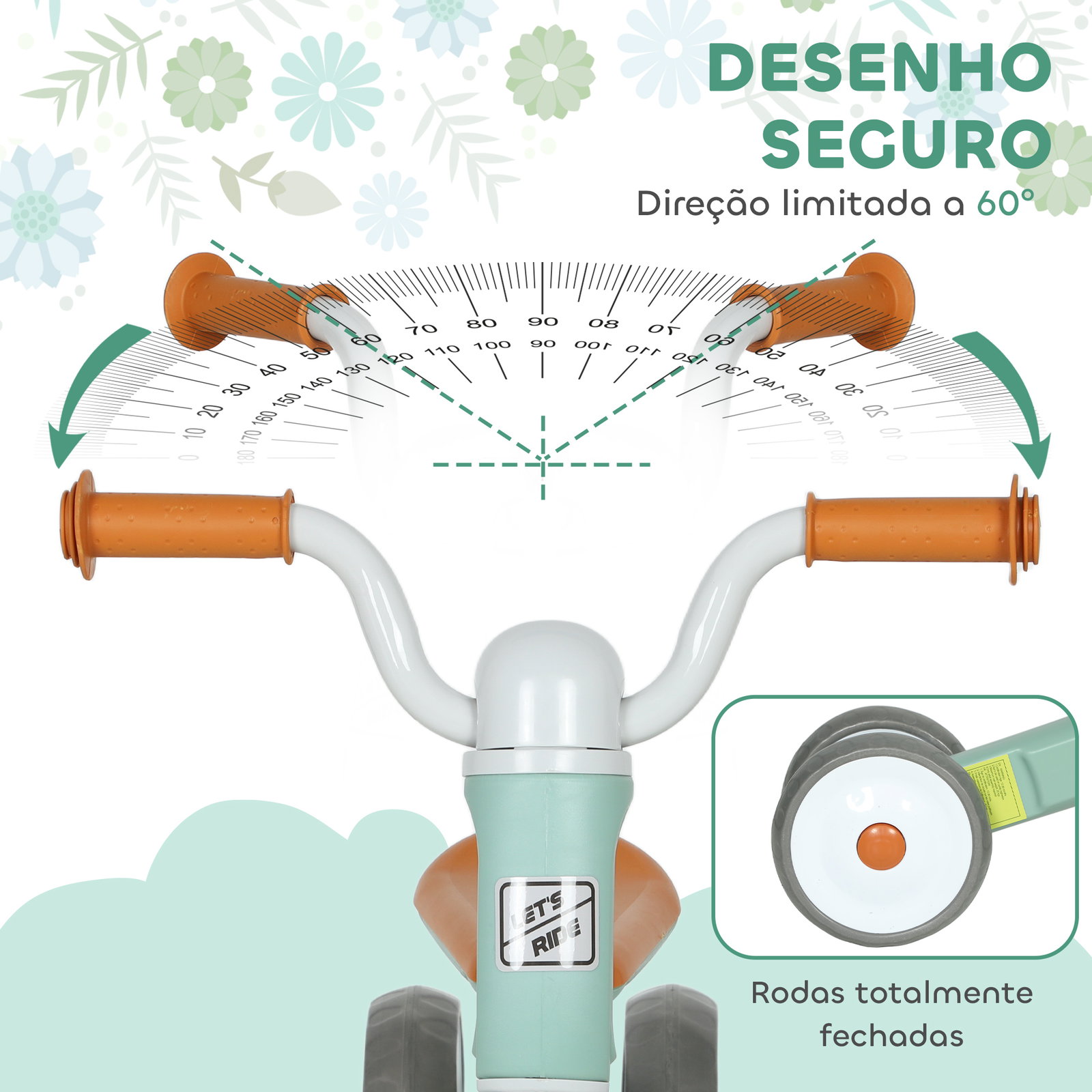 Bicicleta sem pedais para crianças dos 12 aos 36 meses bicicleta de equilíbrio com guiadores com rotação limitada a 60° 69x40x49 cm verde