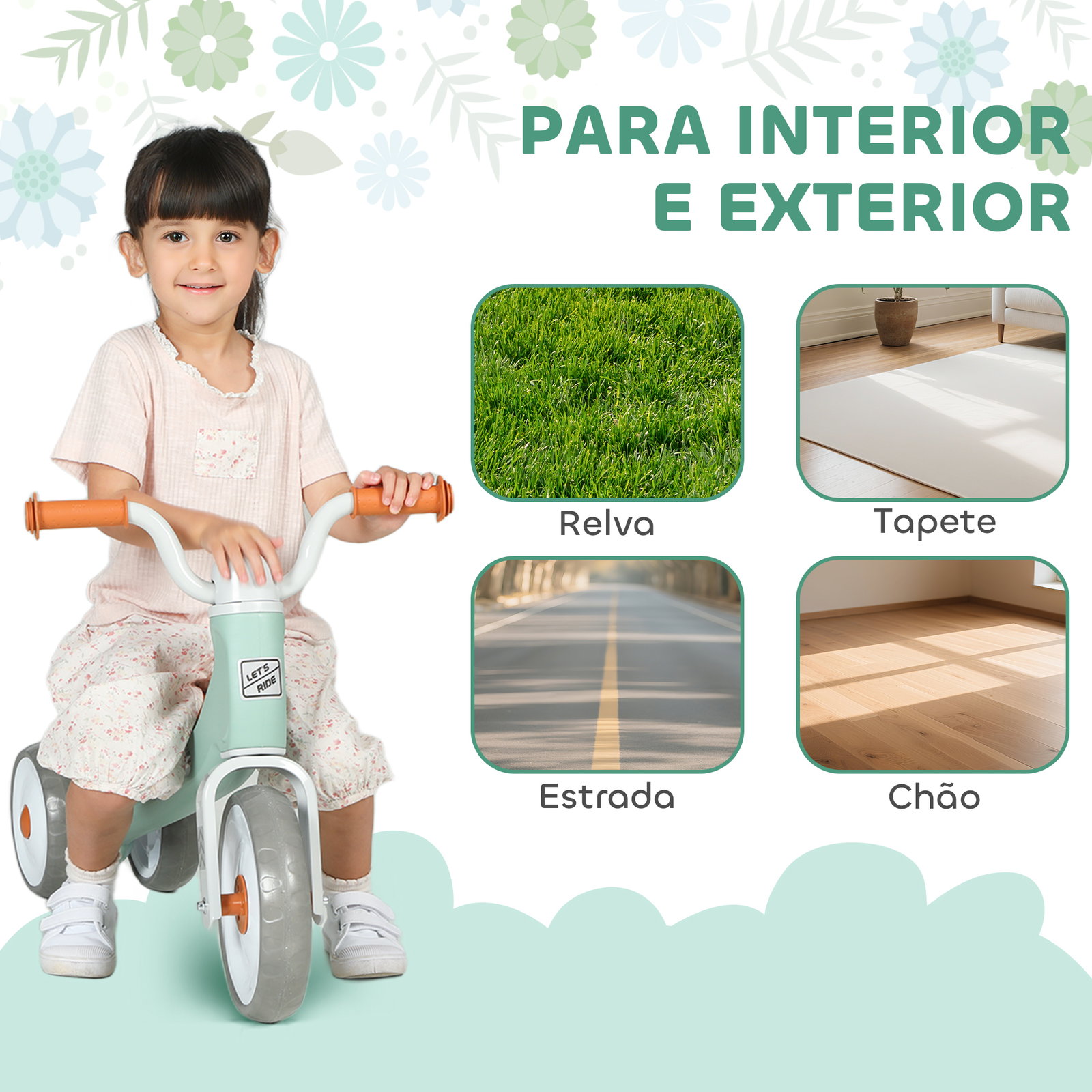 Bicicleta sem pedais para crianças dos 12 aos 36 meses bicicleta de equilíbrio com guiadores com rotação limitada a 60° 69x40x49 cm verde