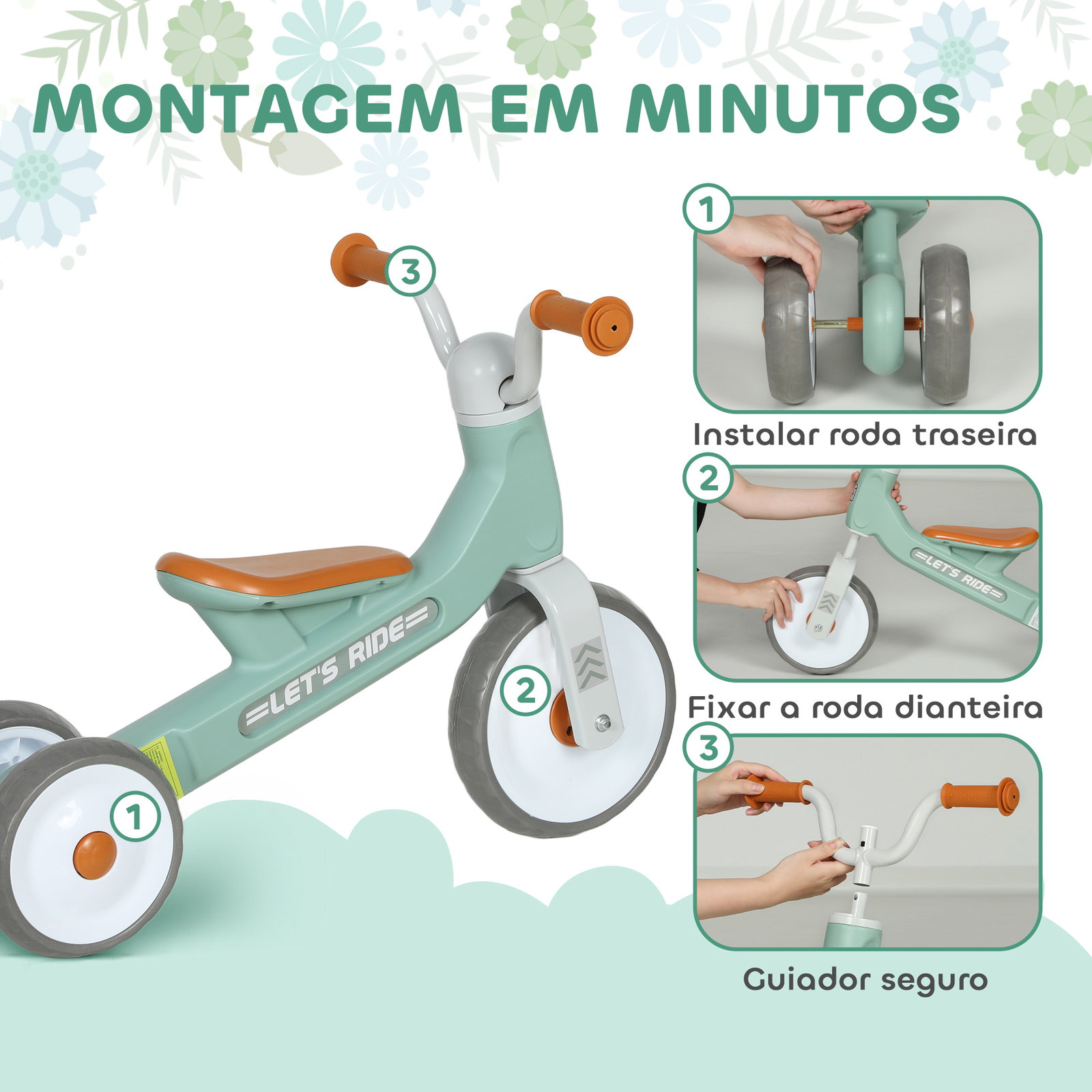 Bicicleta sem pedais para crianças dos 12 aos 36 meses bicicleta de equilíbrio com guiadores com rotação limitada a 60° 69x40x49 cm verde