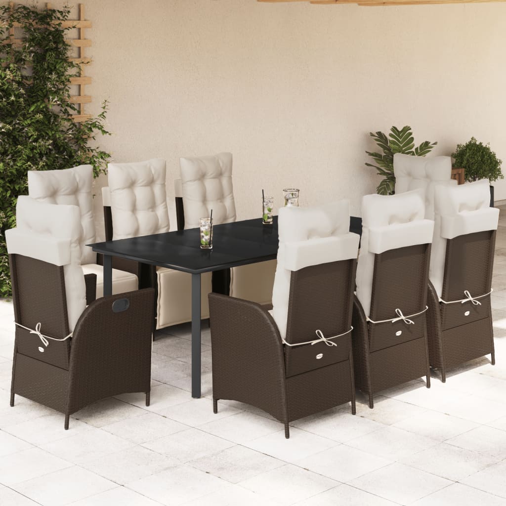 9 Pcs conjunto jantar p/ jardim c/ almofadões vime PE castanho