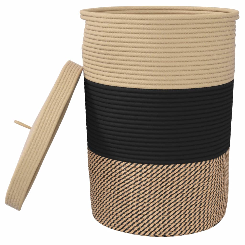 Cesto de arrumação com tampa ø37x50 cm algodão preto e bege