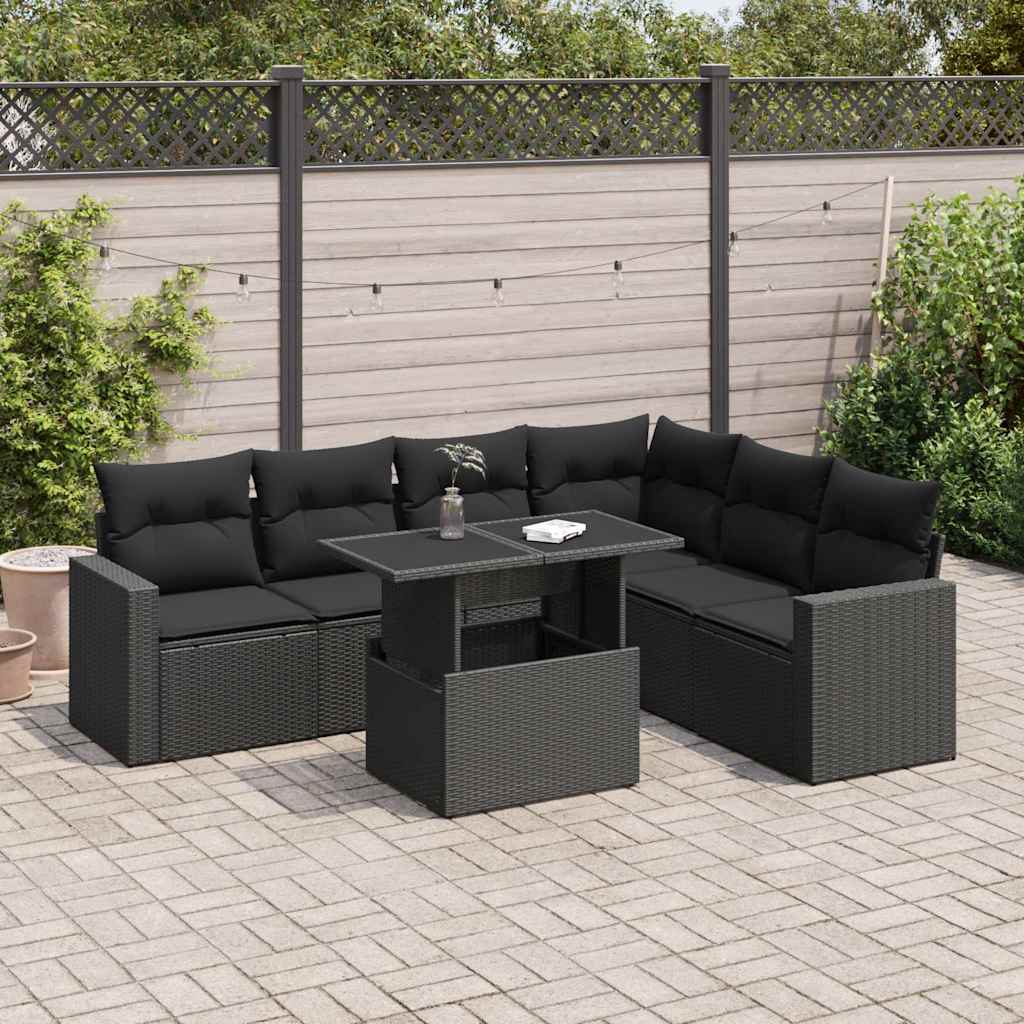 7 Pcs conjunto de sofás p/ jardim c/ almofadões vime PE preto