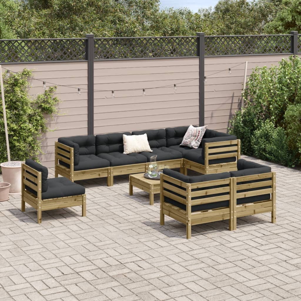 9 Pcs conjunto sofás de jardim c/ almofadões pinho impregnado