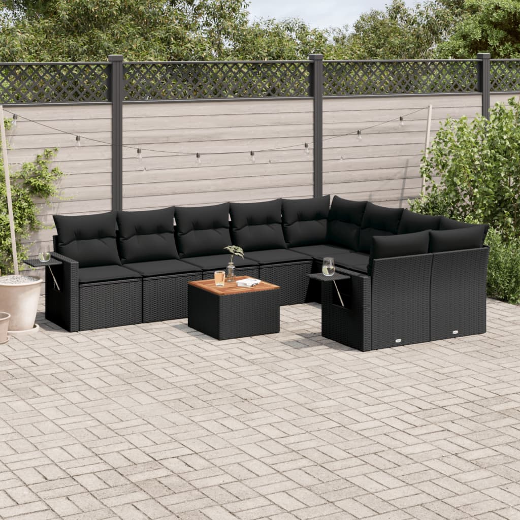 10 Pcs conjunto sofás de jardim c/ almofadões vime PE preto