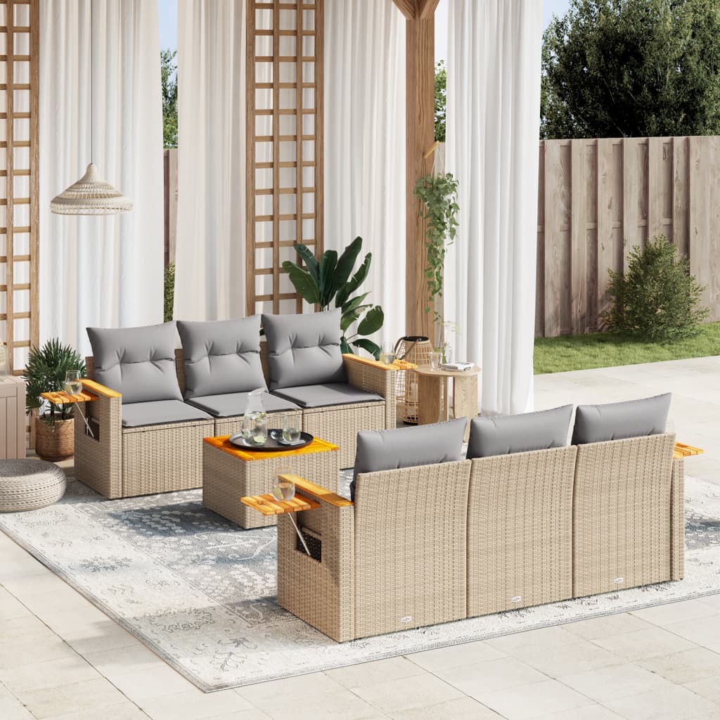 7 Pcs conjunto de sofás p/ jardim com almofadões vime PE bege