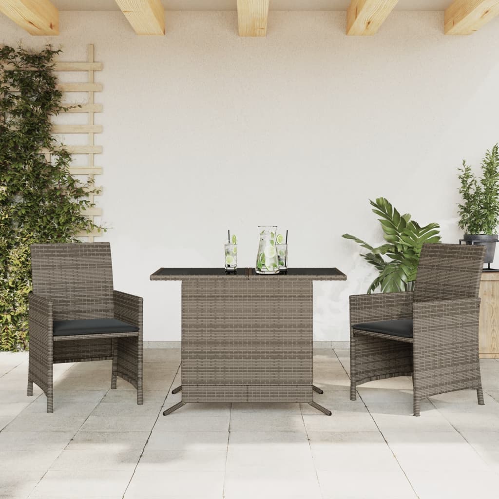 3 Pcs conjunto bistrô com almofadões vime PE cinza