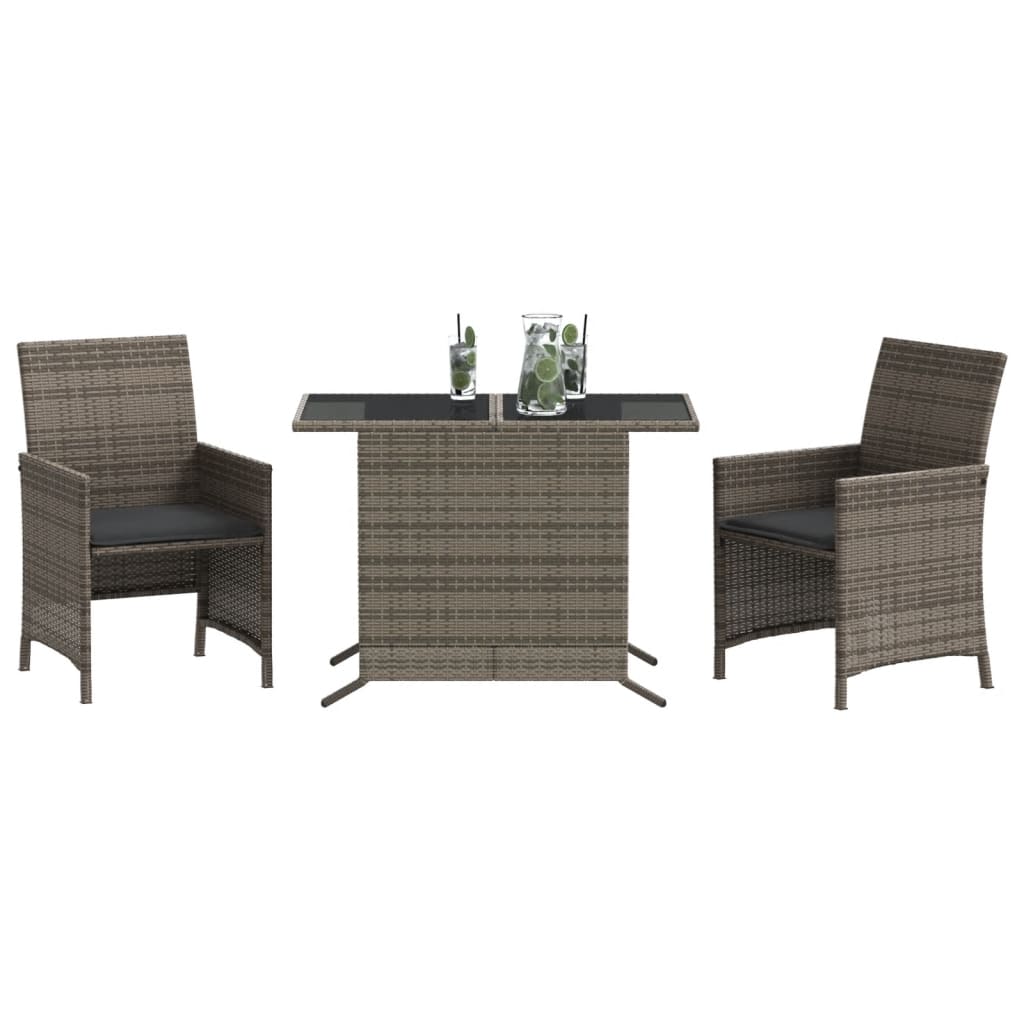 3 Pcs conjunto bistrô com almofadões vime PE cinza