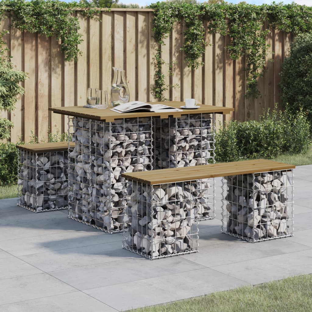 Mesa de jardim com design de gabião 100x70x72 cm, madeira impregnada de pinho