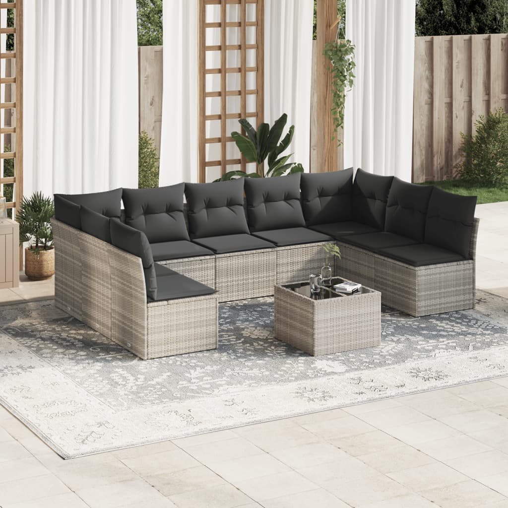 10 Pcs conj. sofás jardim com almofadões vime PE cinzento-claro