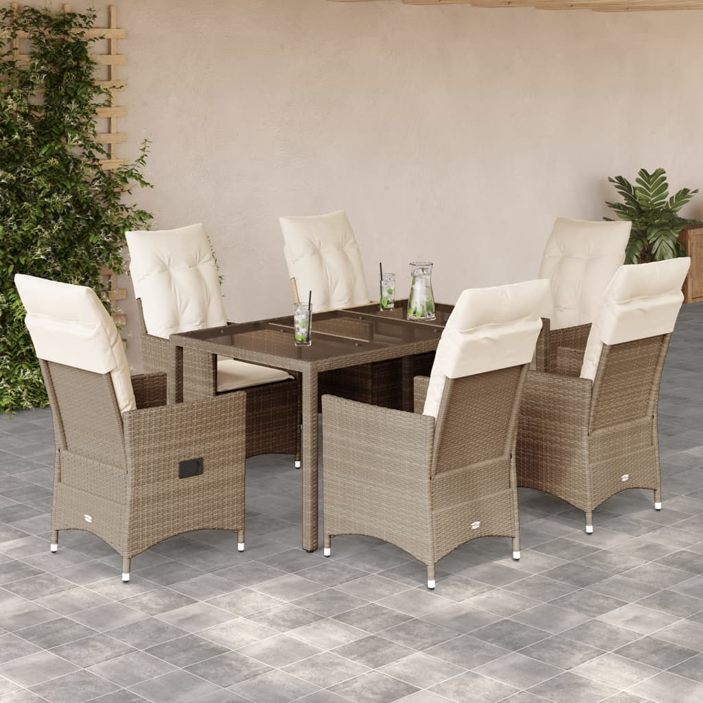 7 Pcs conjunto de jantar p/ jardim com almofadões vime PE bege