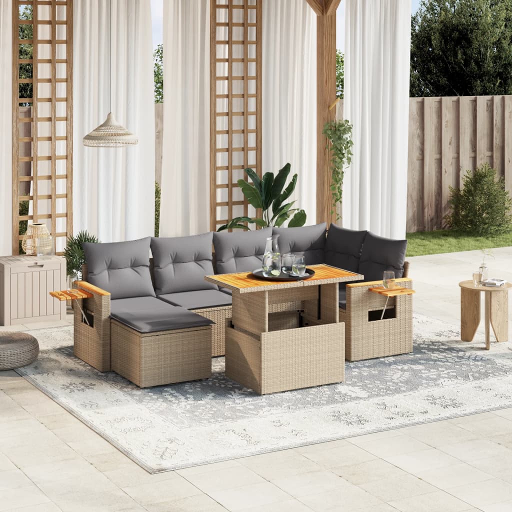 7 Pcs conjunto de sofás p/ jardim com almofadões vime PE bege